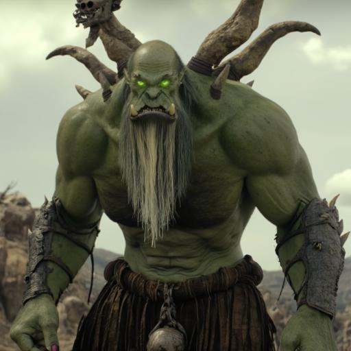 Screenshot from the warcraft Movie that features Gul'dan,  orc warlock as a central figure without his robe The image is a...