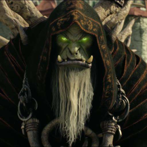 Screenshot from the warcraft Movie that features Gul'dan,  orc warlock as a central figure in his robe The image is a phot...