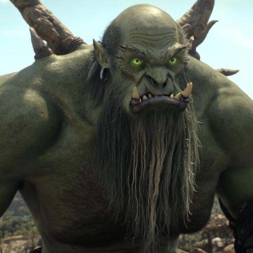 Screenshot from the warcraft Movie that features Gul'dan,  orc warlock as a central figure without his robe The image is a...