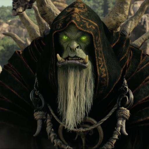 Screenshot from the warcraft Movie that features Gul'dan,  orc warlock as a central figure in his robe The image is a phot...