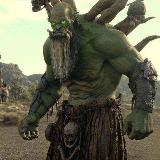 Screenshot from the warcraft Movie that features Gul'dan,  orc warlock as a central figure without his robe The image is a...