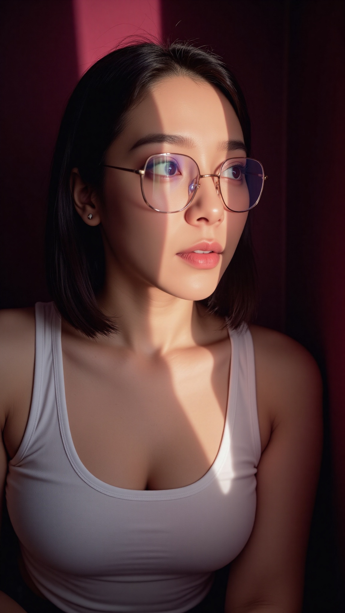 A portrait of a girl with glasses,  short hair,  partially illuminated by a narrow beam of light on Tensor.Art