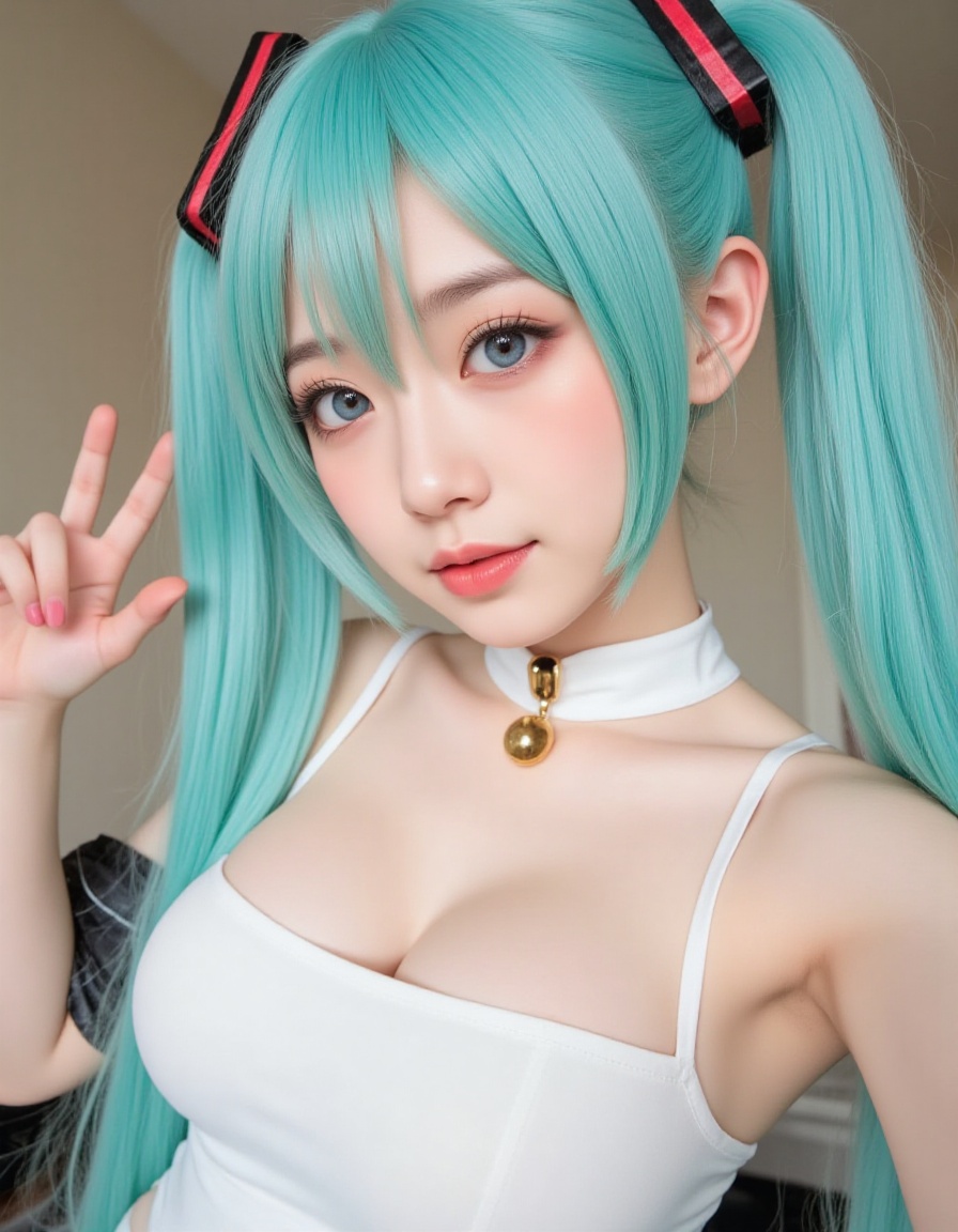 photo of SuchCosPlay .hiec - fair skin,  full body of Hatsune Miku cosplayer,  young beautiful girl with big breasts on Te...