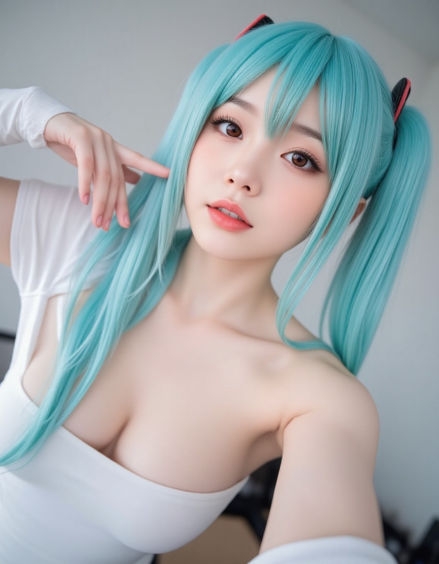 photo of SuchCosPlay .hiec - fair skin,  full body of Hatsune Miku cosplayer,  young beautiful girl with big breasts on Te...