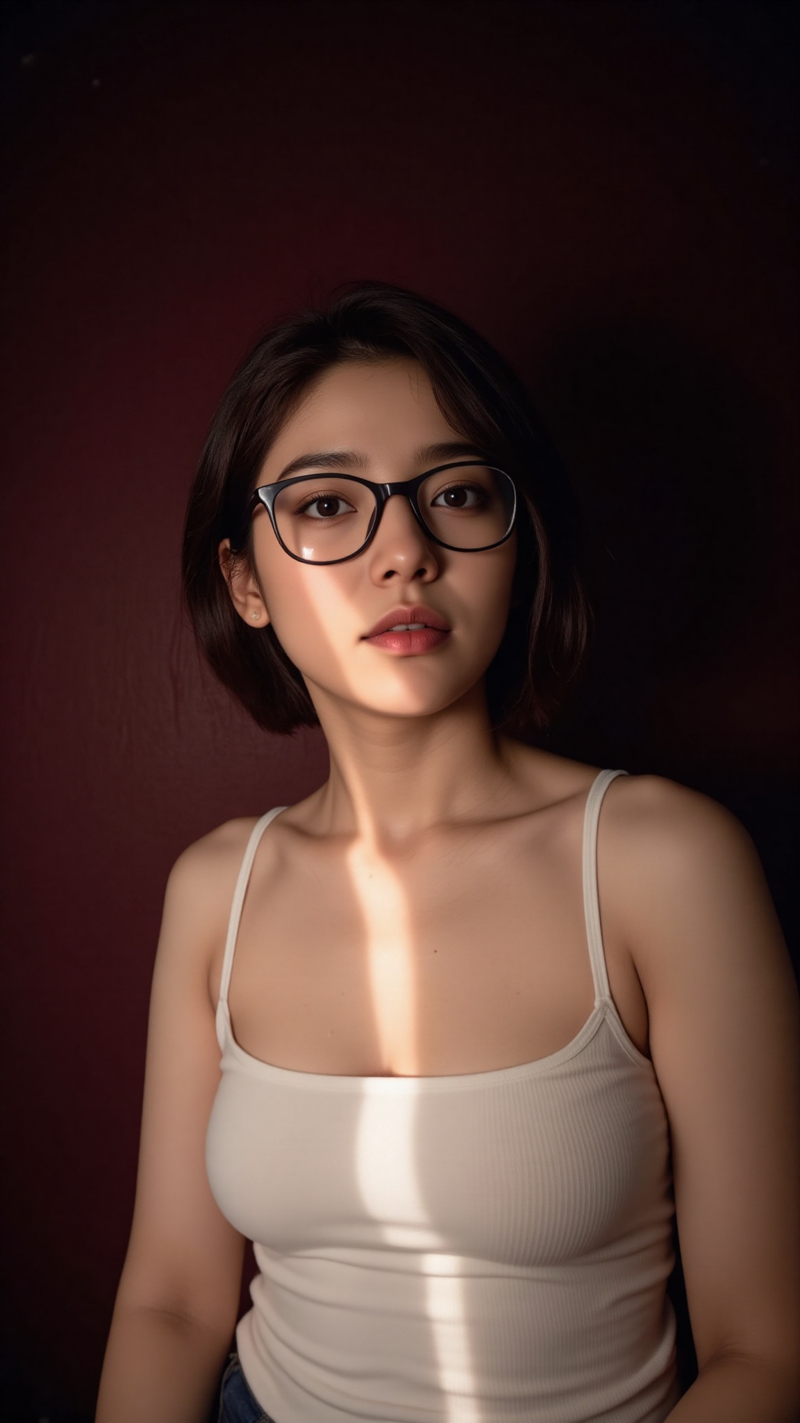 A portrait of a girl with glasses,  short hair,  partially illuminated by a narrow beam of light on Tensor.Art