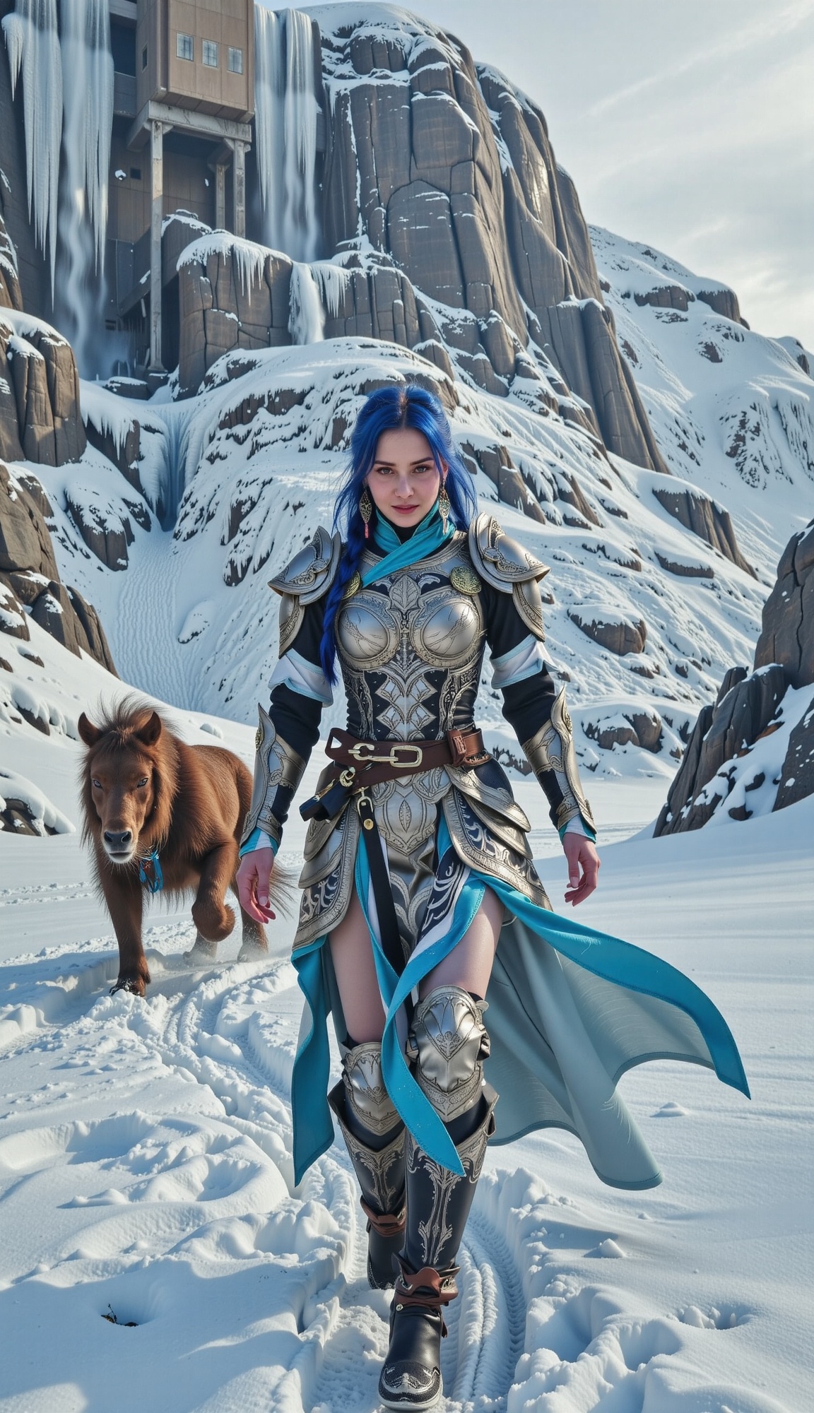 A young woman with striking blue hair,  wearing silver armor with intricate cloud patterns and flowing cyan and white silk...