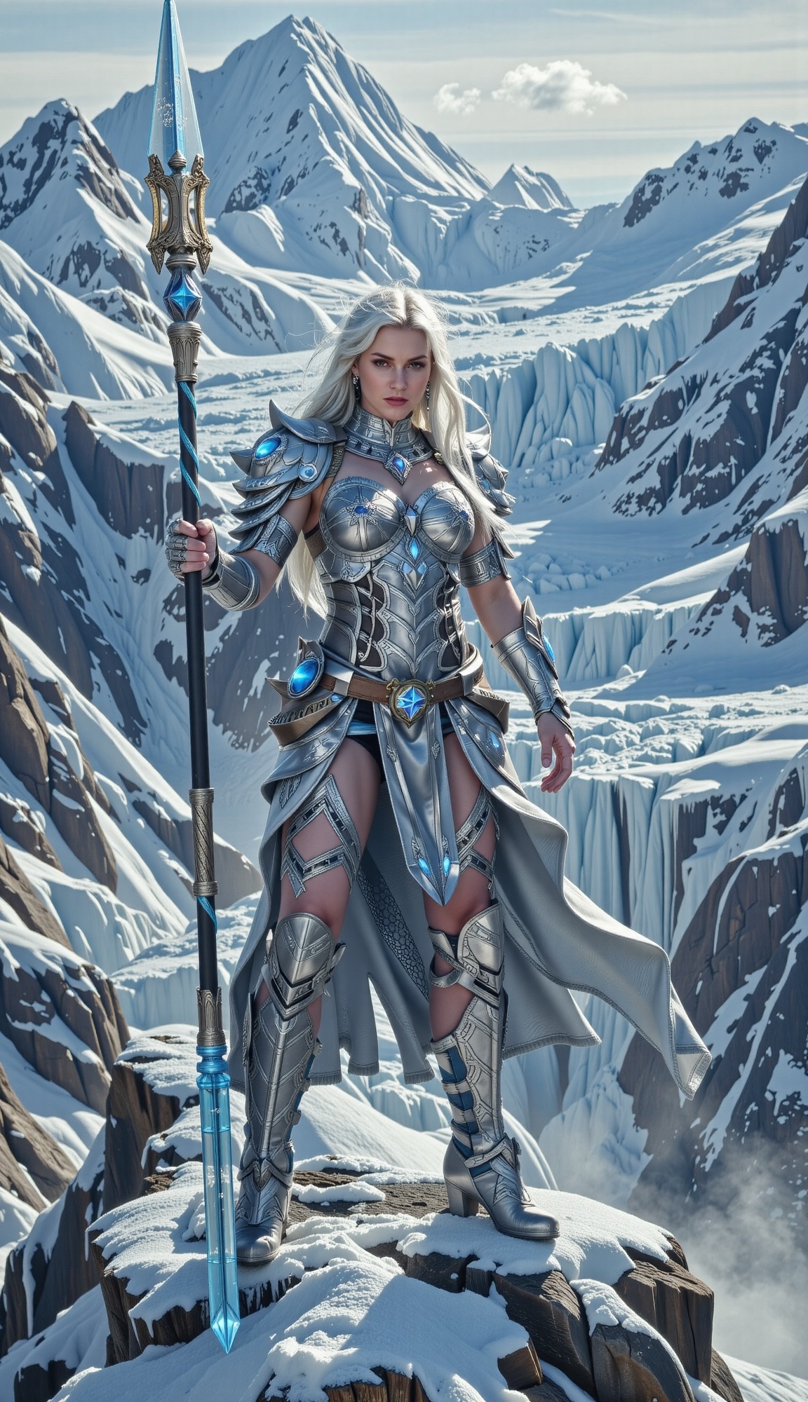 A powerful ice warrior woman stands at the peak of a frozen mountain,  her silver armor encrusted with frost and ice. She...