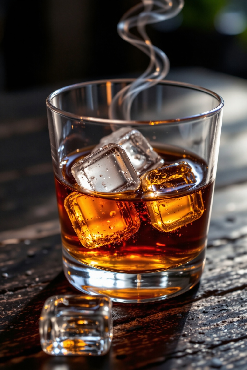 Close up of ice cubes,  whiskey glass,  dark amber colors on Tensor.Art