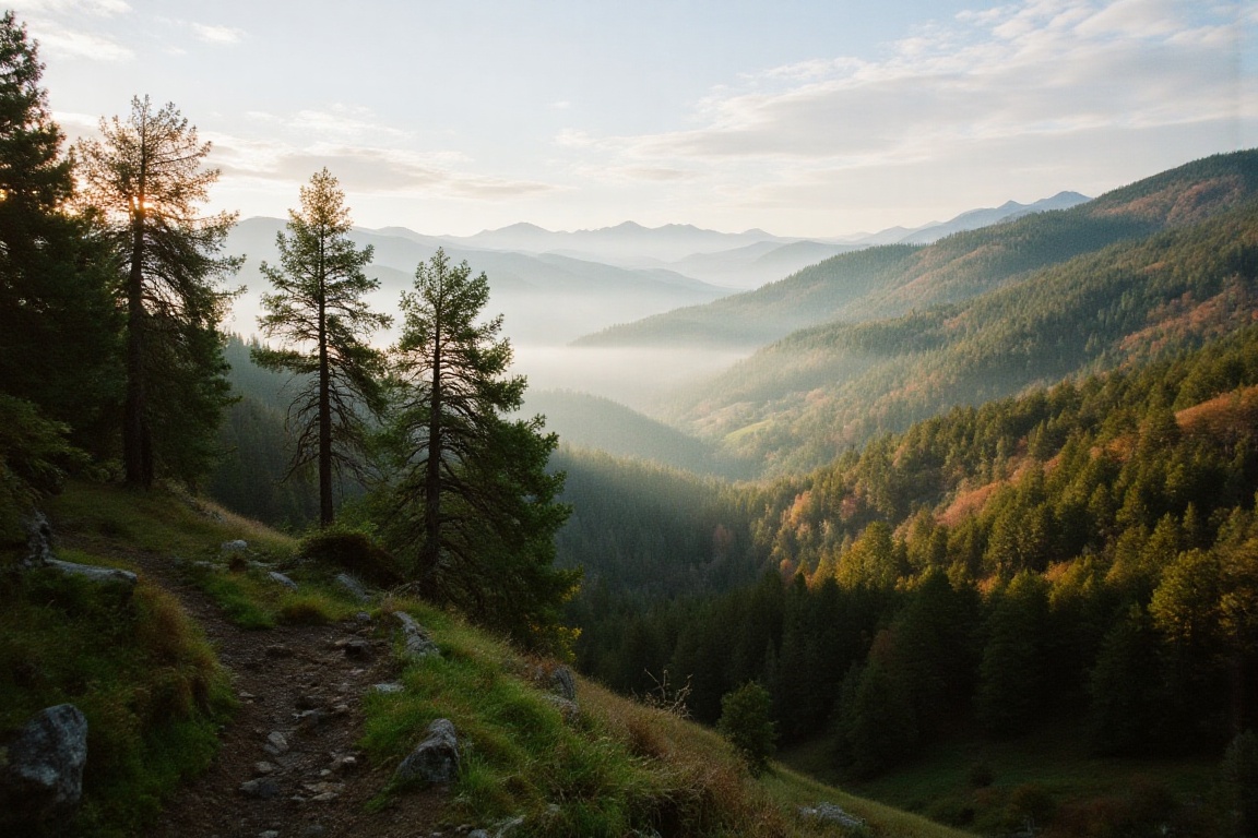 A serene mountain valley at dawn,  shrouded in mist,  with soft light filtering through pine trees. The LoRA’s Portra 800...