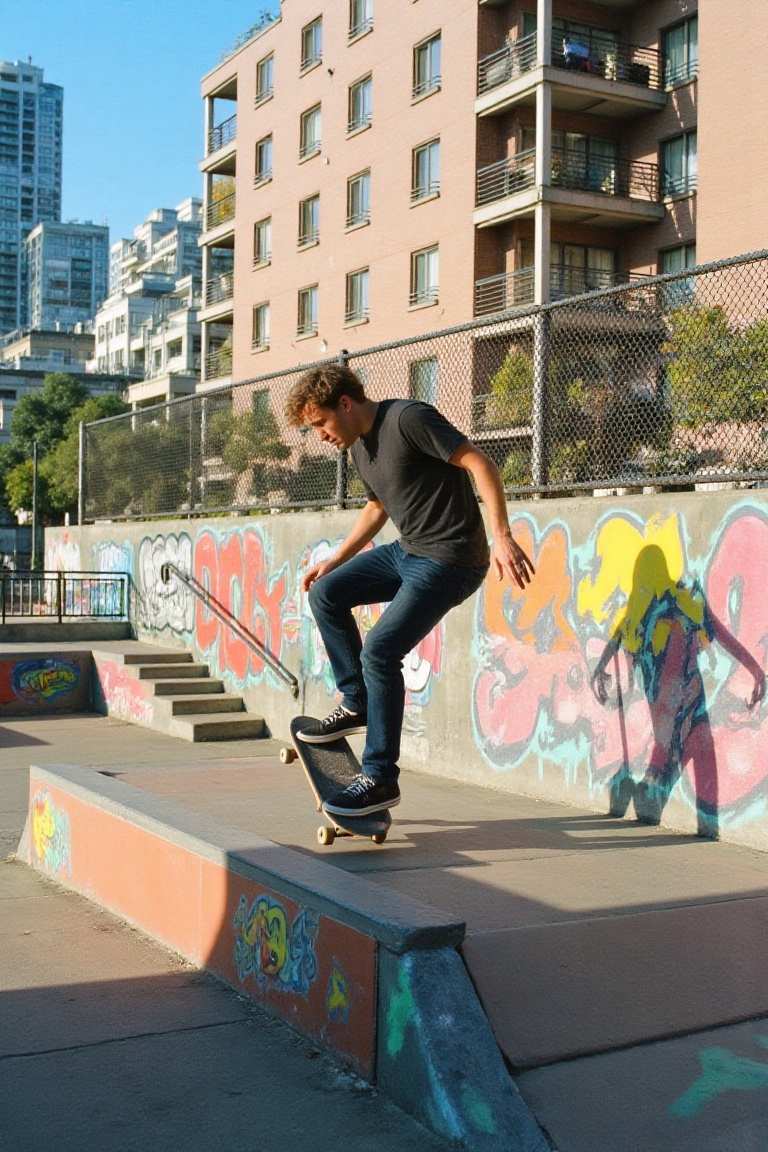 A skateboarder mid-trick at an urban skatepark,  captured in sharp detail against a graffiti-covered wall. The Portra 800...