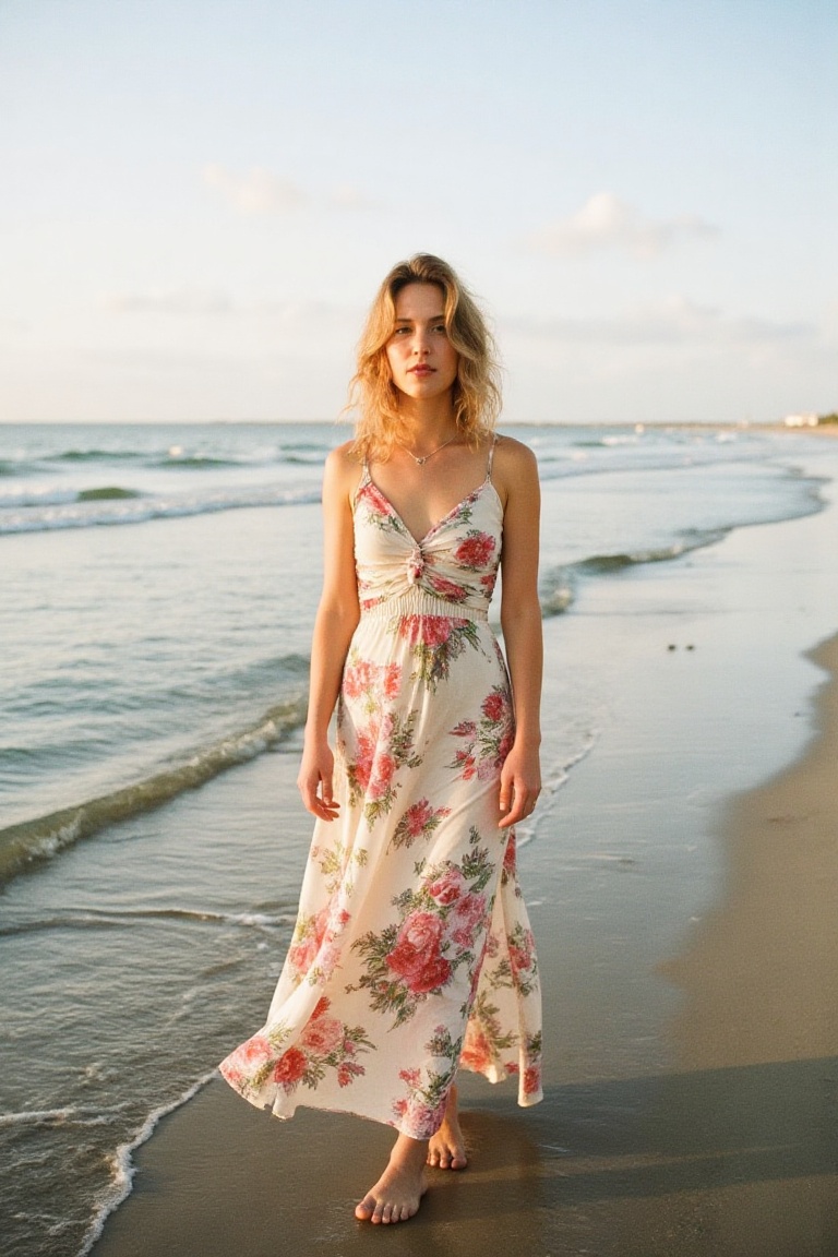 A woman in a flowing,  floral maxi dress stands barefoot on a sandy beach at dusk,  with windswept hair and soft waves in...