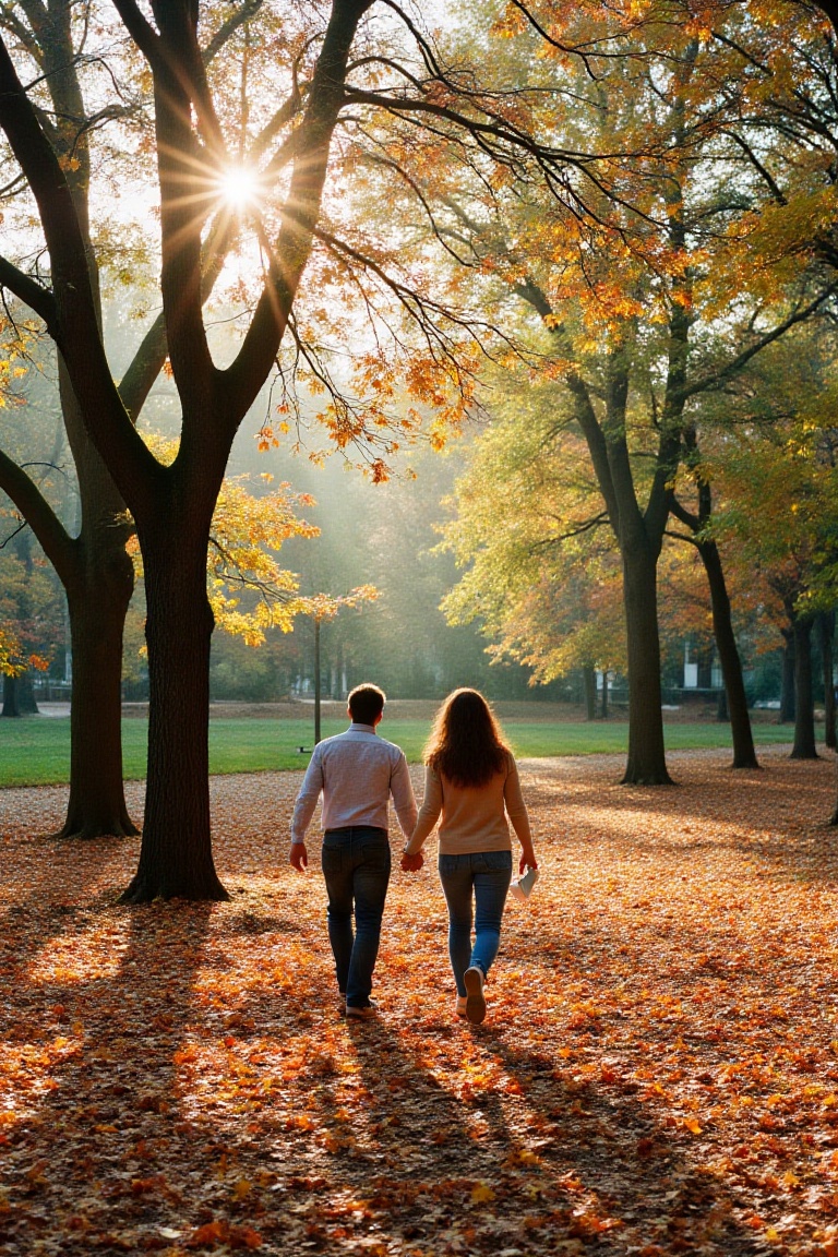 A couple walks hand-in-hand through a park blanketed in autumn leaves,  with soft sunlight filtering through the trees. Po...