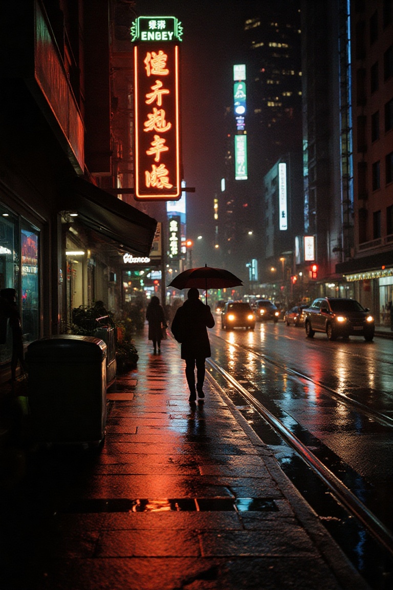 A lone figure with an umbrella walks down a rain-soaked city street,  reflecting neon lights. The LoRA’s Portra 800 emulat...