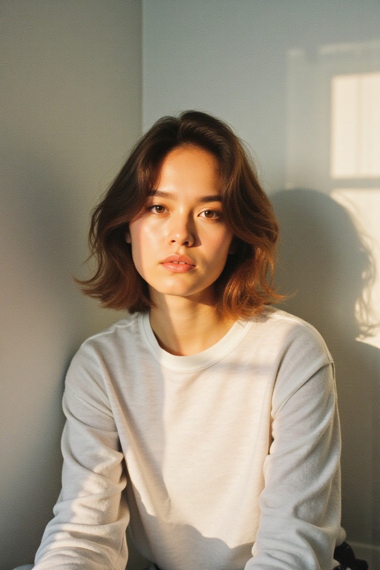 A model with striking features sits against a plain white wall,  wearing a crisp white shirt,  lit by soft window light. T...