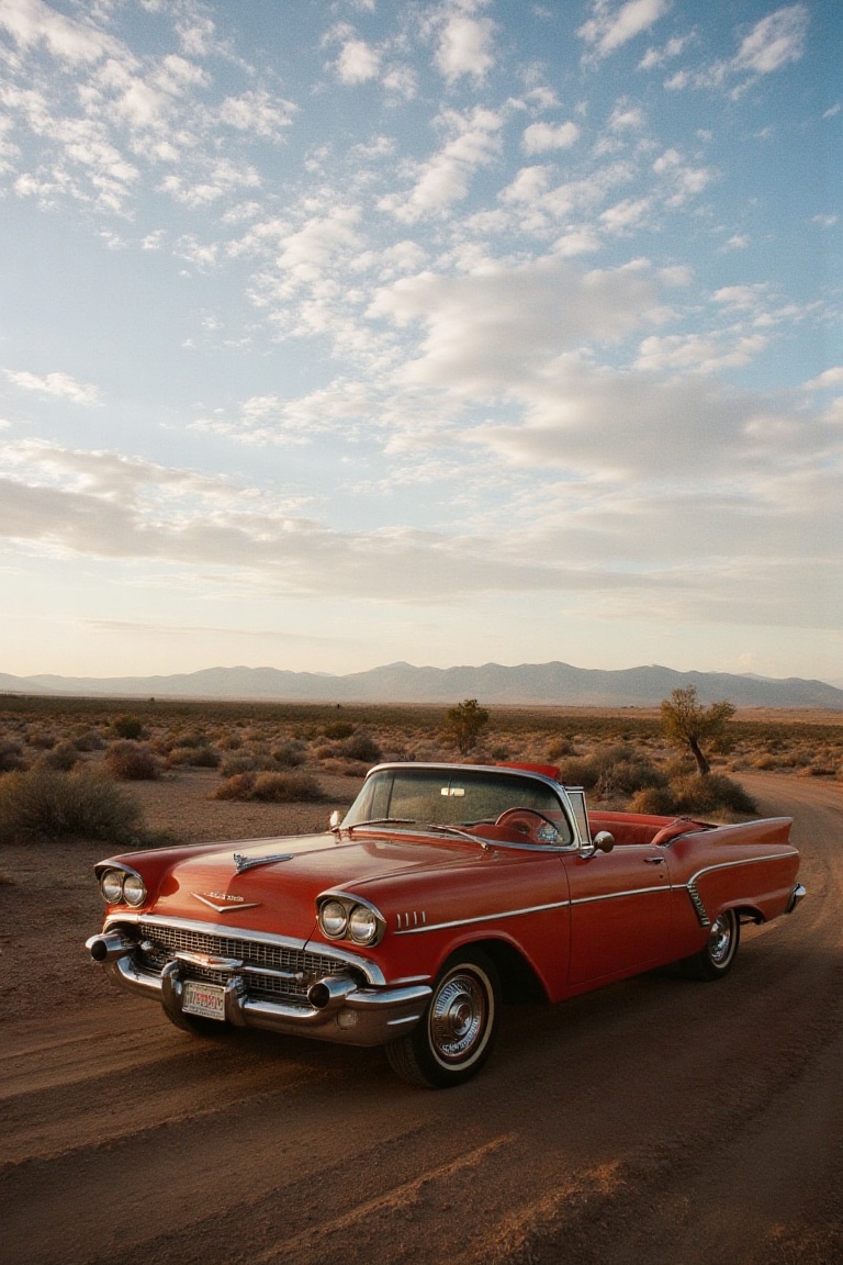 A classic red convertible parked on a dusty desert road under a vast,  cloud-streaked sky at dusk. The LoRA’s warm color p...