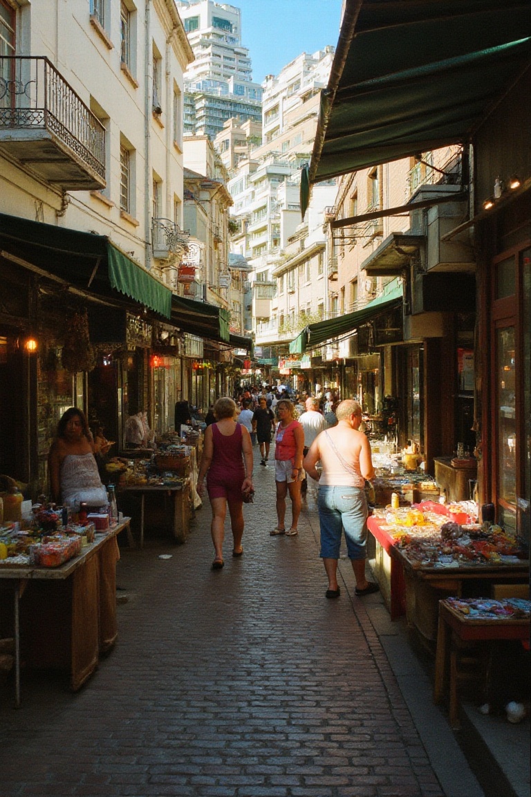 "a candid shot of a weekend street market,  people browsing handmade goods,  sun-drenched scene on Tensor.Art