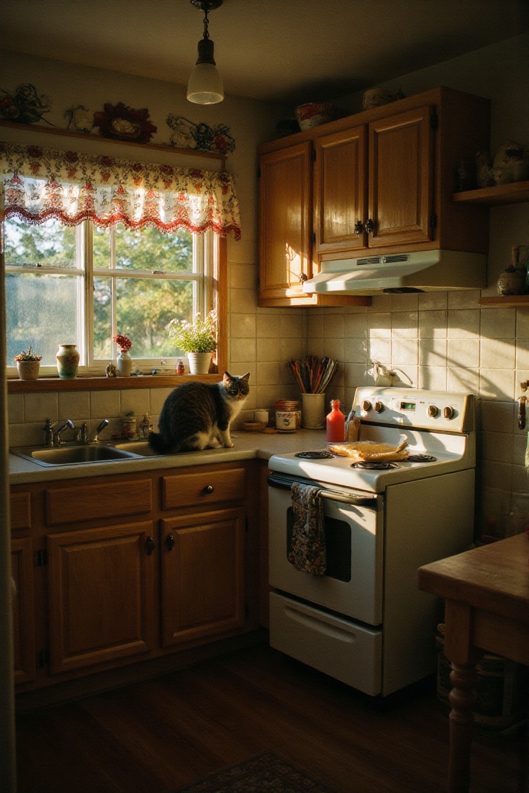 "a vintage kitchen with a cat on the counter,  morning light casting soft shadows,  nostalgic atmosphere on Tensor.Art