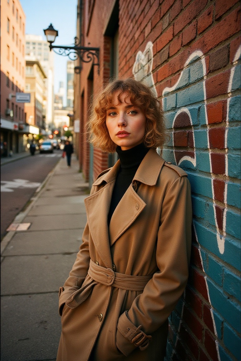A stylish model in a tailored trench coat poses against a graffiti-covered brick wall in a city alley at golden hour. The...
