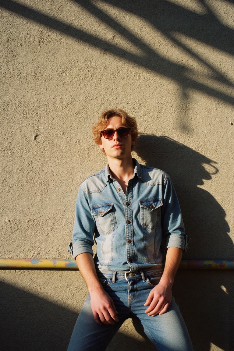 "a street-style portrait of a man in his 30s,  wearing vintage denim and sunglasses,  standing against a textured wall wit...