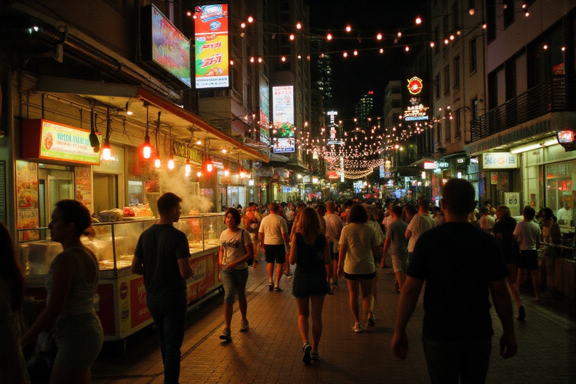 A vibrant night market filled with colorful stalls,  steaming food,  and bustling crowds under string lights. Portra 800’s...