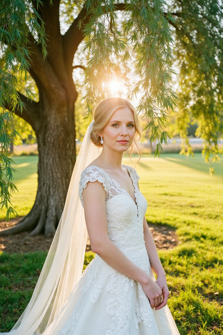 A bride in a lace gown stands under a willow tree at golden hour,  her veil catching the warm light. The LoRA’s Portra 800...