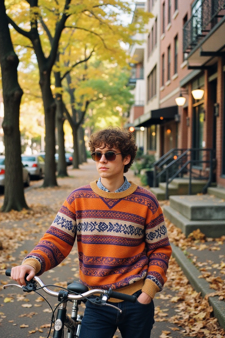 A young man in a vibrant knit sweater and sunglasses leans against a vintage bike on a tree-lined street,  surrounded by f...