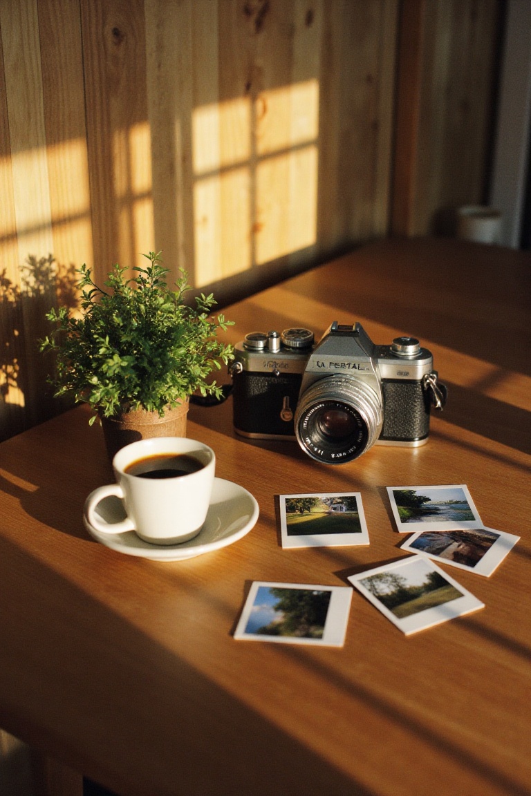 A beautifully arranged still life on a wooden table: a vintage camera,  a cup of coffee,  and scattered Polaroids on Tenso...