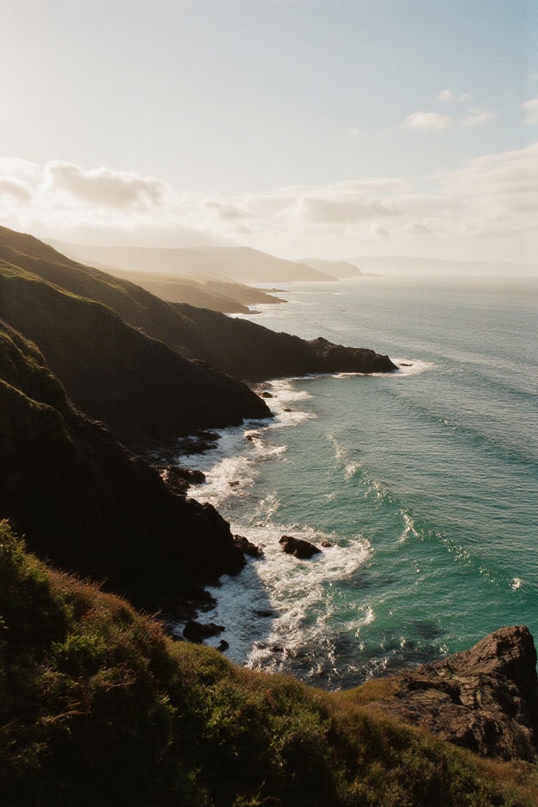 A dramatic coastal cliff scene at dawn,  with waves crashing below and fog rolling in. The LoRA’s Portra 800 emulation bri...