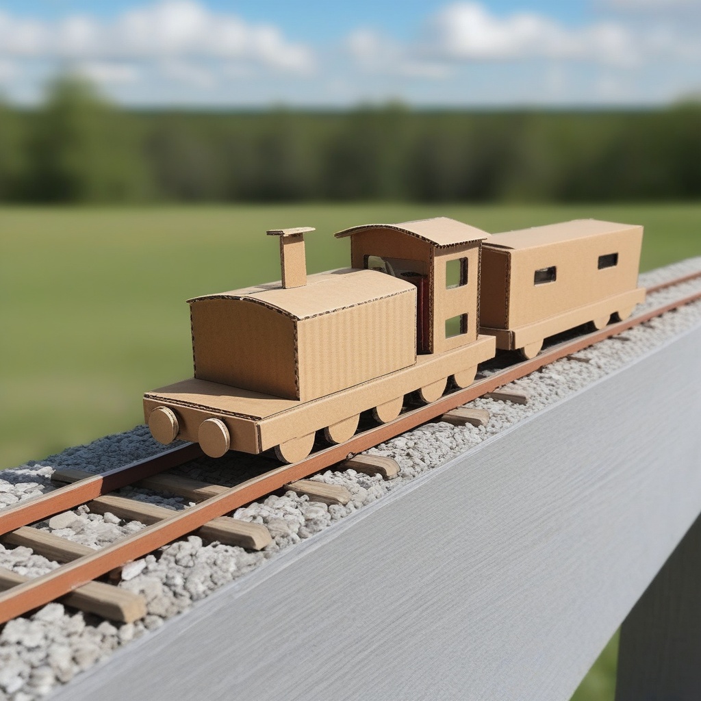 a cardboard train on rails near the forest,  outdoors,  sky on Tensor.Art