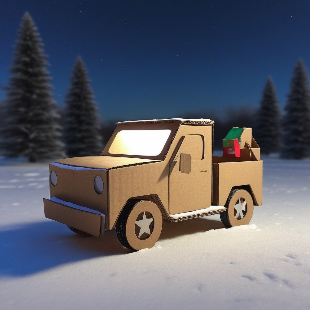 a truck made of cardboard in the snowy winter road,  outdoors,  night on Tensor.Art