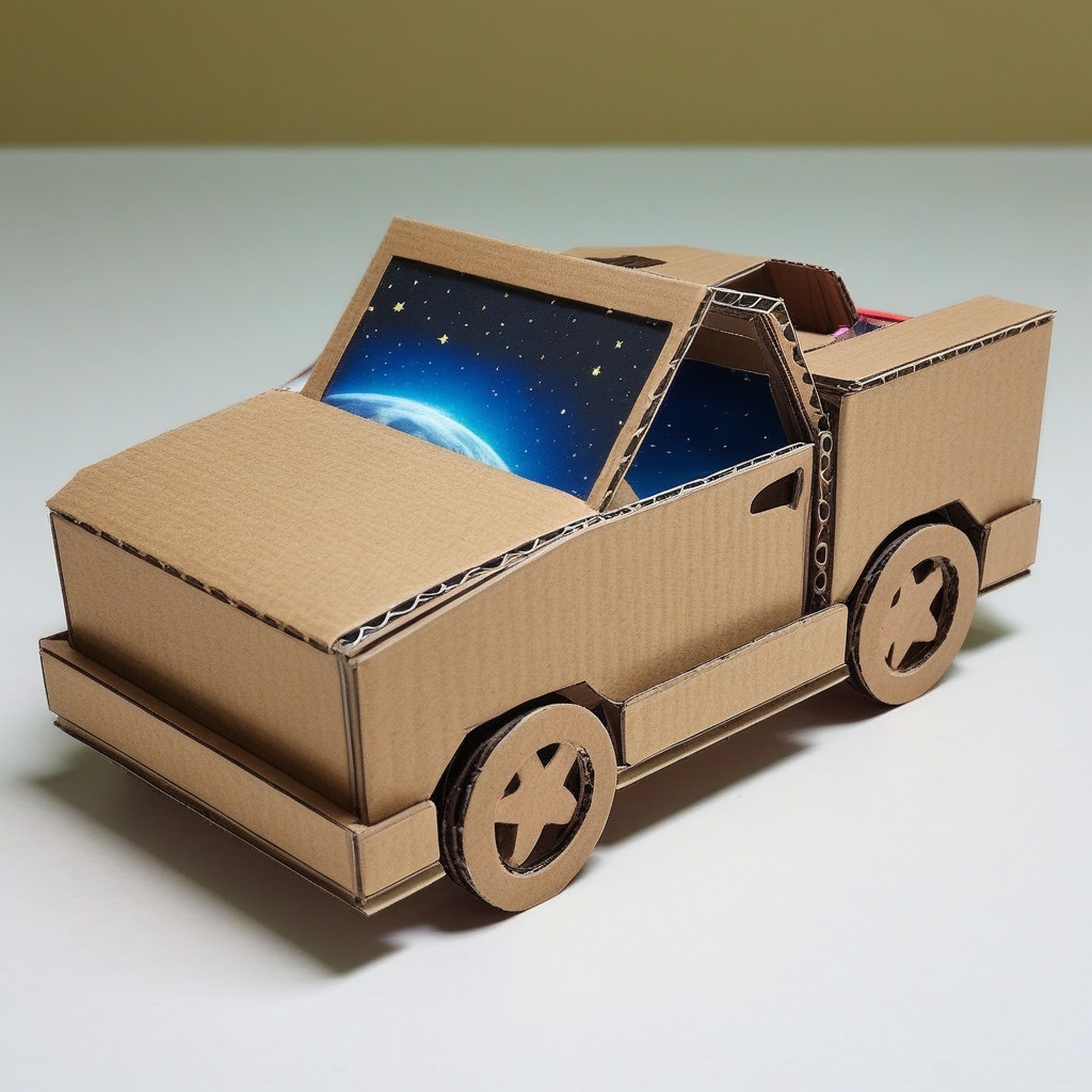 cardboard cars,  a truck made of cardboard,  in the snowy winter road on Tensor.Art