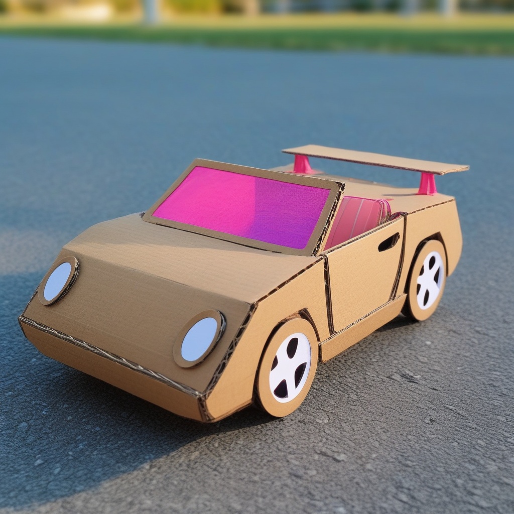 a sportscar made of cardboard and colored plastic,  outdoors,  zapping on a neon road on Tensor.Art