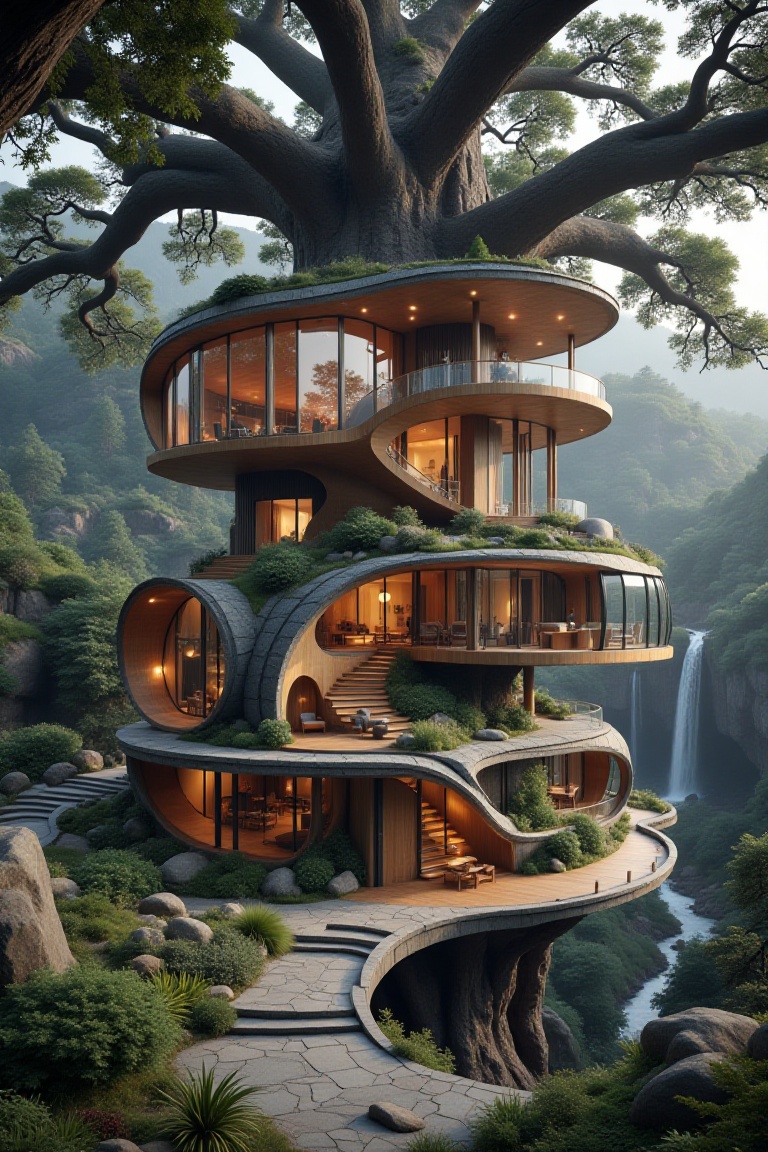 "A modern whimsical,  fantasy-style treehouse design nestled within a massive ancient tree,  surrounded by misty cliffs an...