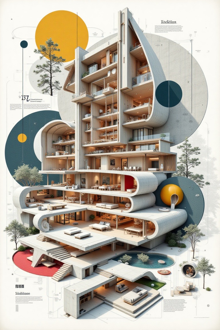 "Create an abstract design collage inspired by modernist deconstructivist architecture,  modern house section with large g...
