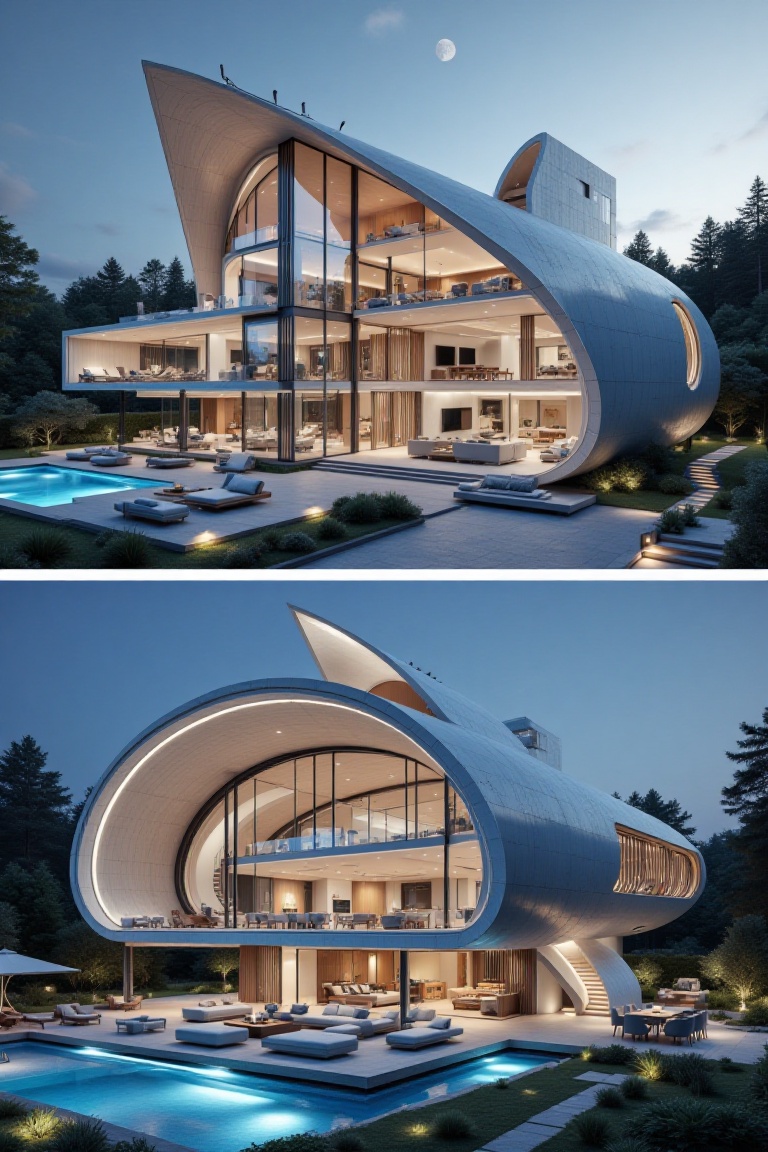 There are two modern design perspective views above and below,  One is beautiful and modern house like spaceship with long...