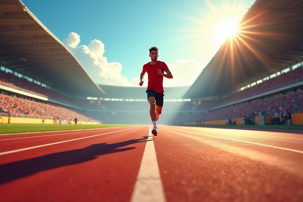 A dynamic scene where an avatar sprinting at full speed is framed in a wide angle shot,  capturing the thrill and competit...