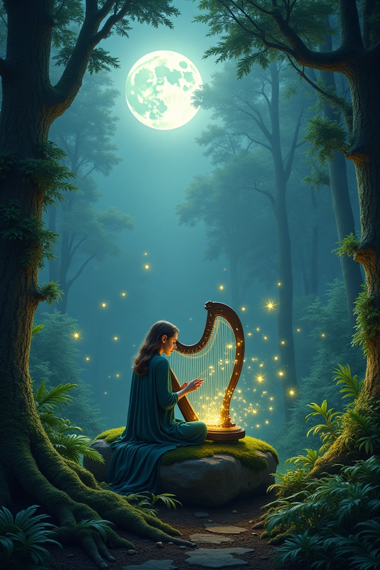 A mysterious elf,  ethereal and graceful,  plays a shimmering magic harp under the silver glow of a full moon in an enchan...