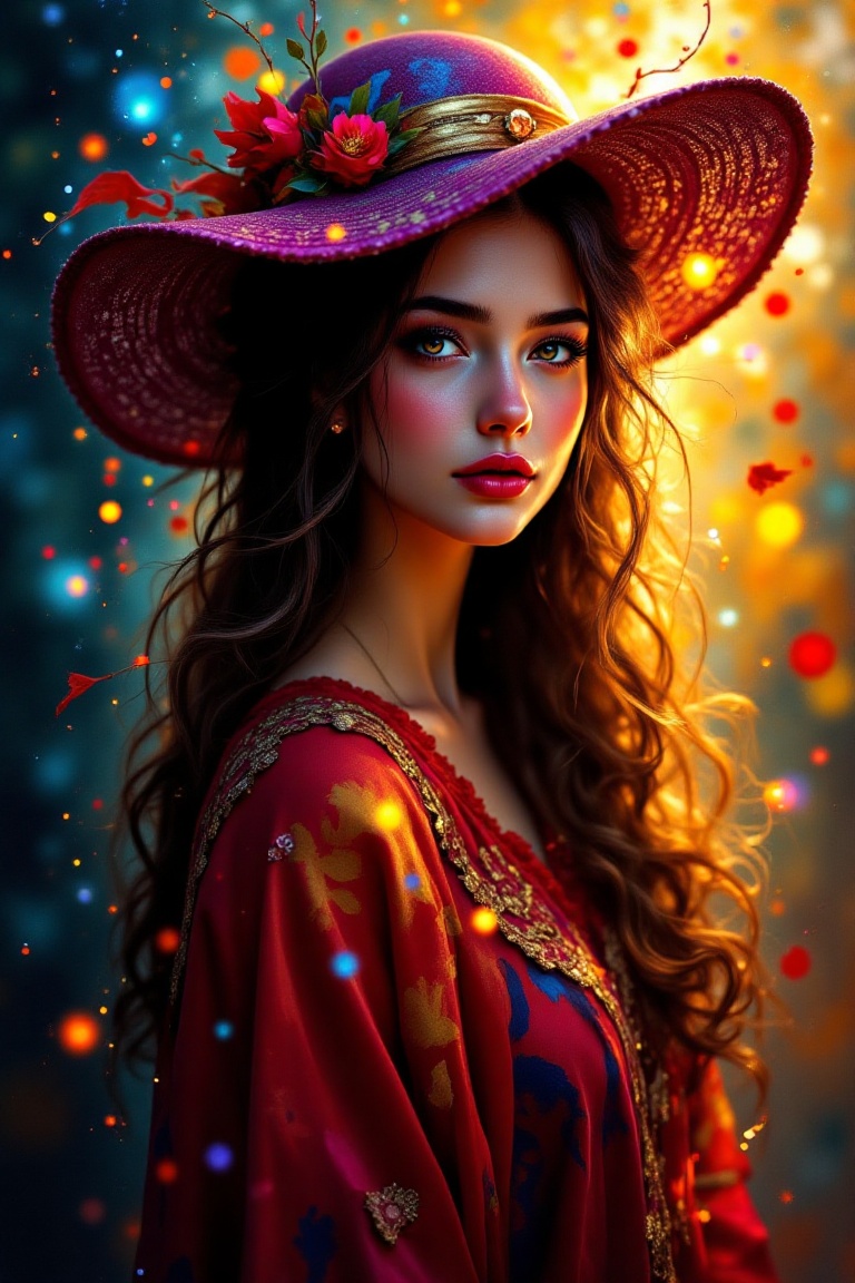 A fine art oil painting in an Impressionist style,  depicting a young woman with long,  loosely curled hair touched by sub...