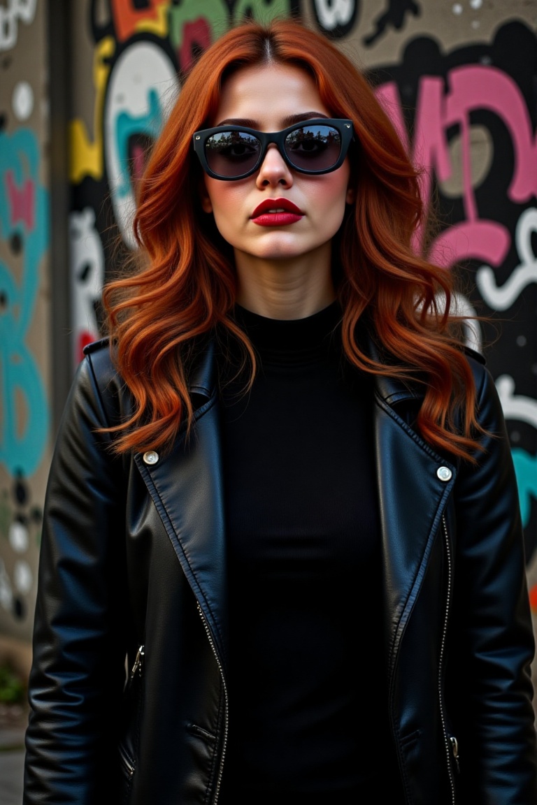 A high-fashion close-up of a young ginger woman standing confidently in front of a graffiti-covered wall,  wearing a sleek...