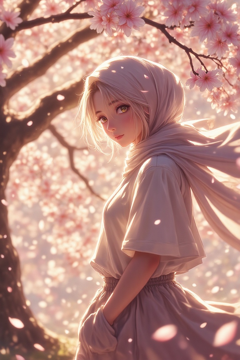 A Kyoto Animation-style close-up of a Malay woman wearing a hijab and baggy casual wear,  standing near a sakura tree in t...