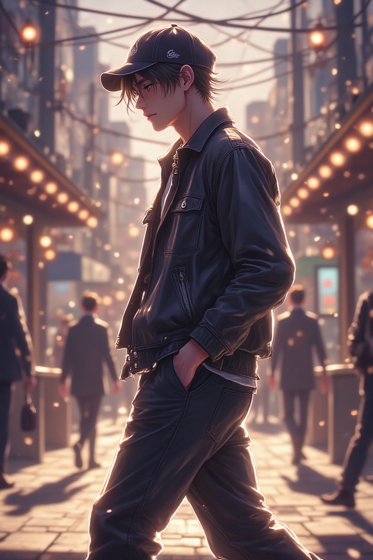 A Kyoto Animation-style illustration of a handsome Korean man walking through a vibrant city street. He wears a casual out...