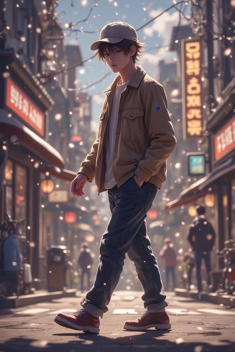 A Kyoto Animation-style illustration of a handsome Korean man walking through a vibrant city street. He wears a casual out...