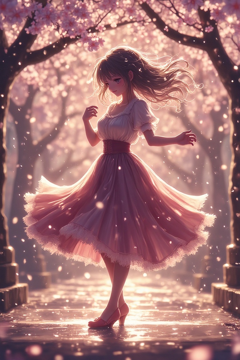 A Kyoto Animation-style scene of a woman in a flowing dress dancing gracefully in the rain. Framed with soft lighting,  he...