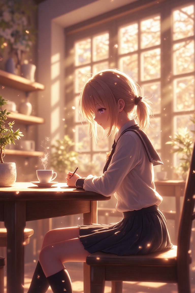 A Kyoto Animation style scene featuring a young woman in a school uniform sitting at a cozy café. Framed from the side,  s...