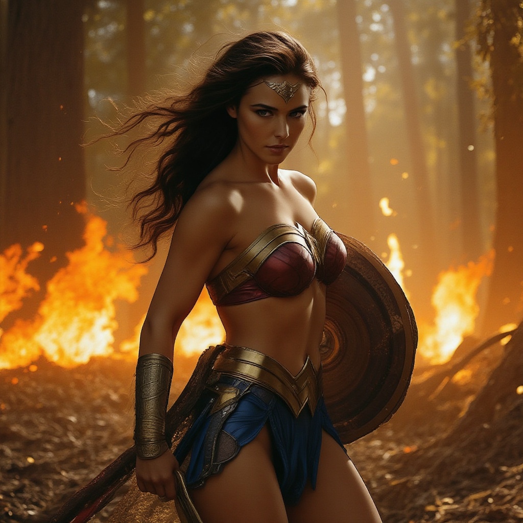 Wonder Woman standing in a forest clearing,  holding her big round shield 45 degree beside above her body with one arm,  b...