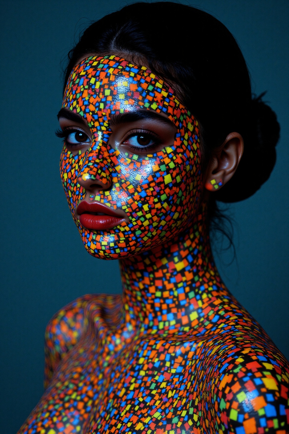 This is a high-resolution photograph of a woman with a striking,  futuristic appearance. Her face and body are covered in...