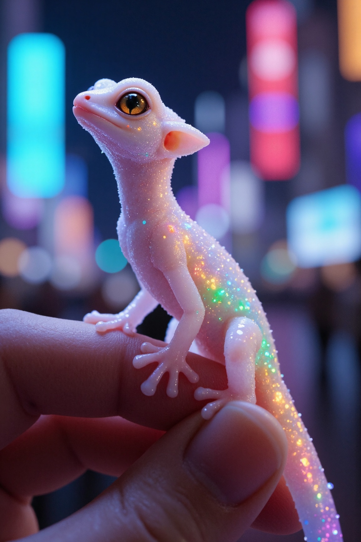 A tiny alien gecko with translucent,  crystalline skin that refracts light into dazzling rainbow colors. It has six delica...