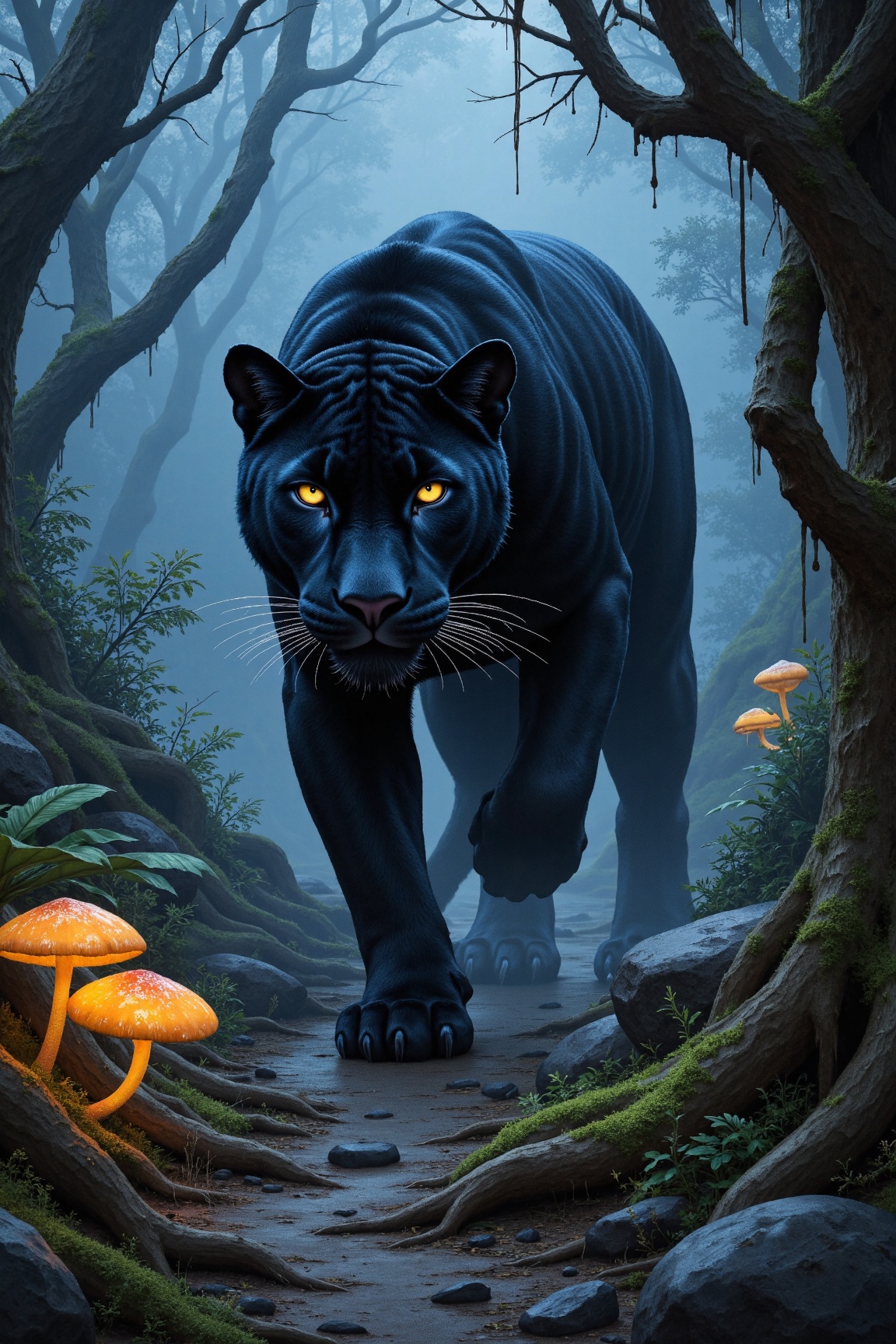 A sleek,  midnight-black panther with glowing silver eyes and spectral,  misty fur prowls through a highland jungle on Ten...
