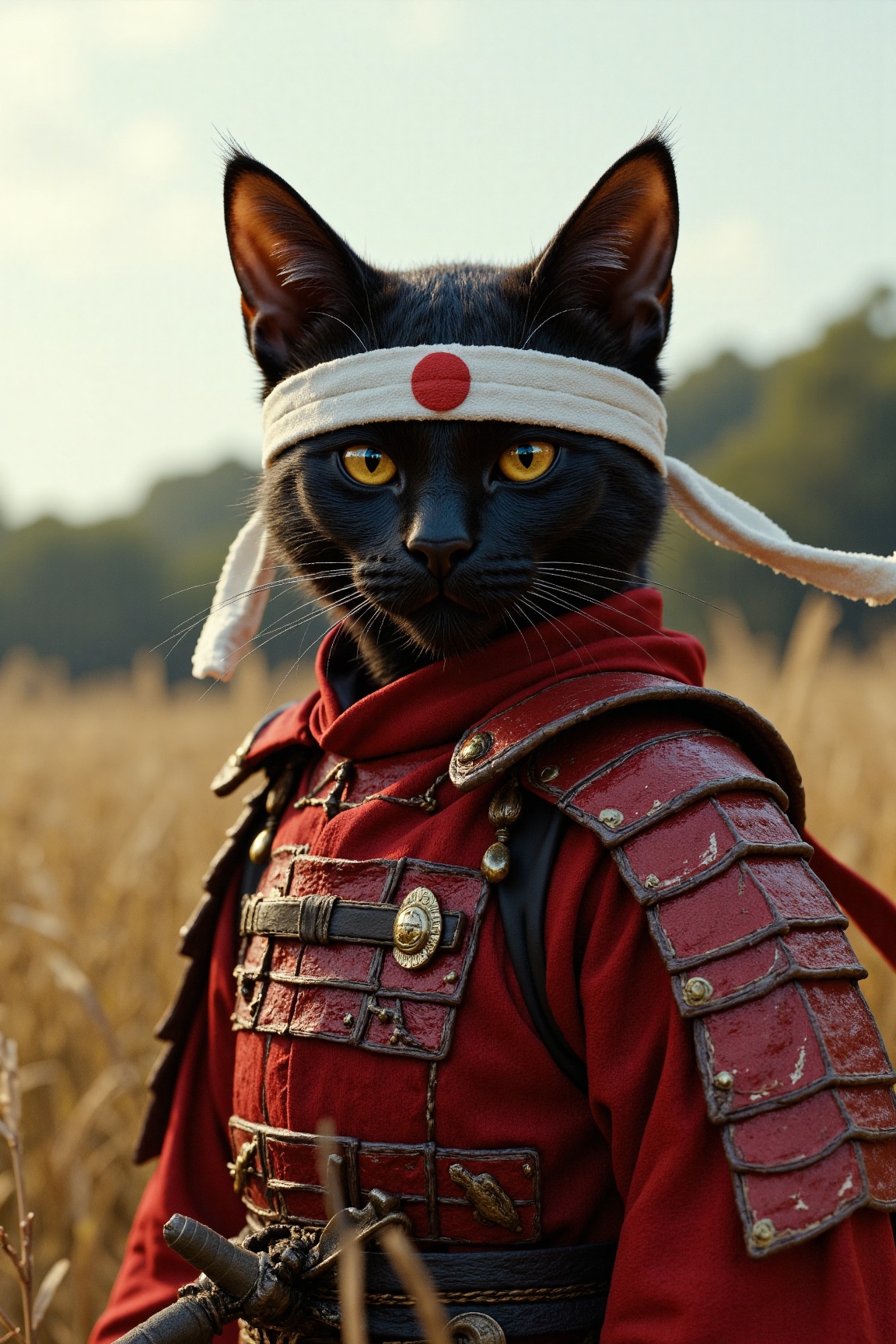 A humanoid (black cat) wearing red samurai armor. He is wearing a white headband with the Japanese rising sun on it. Holdi...
