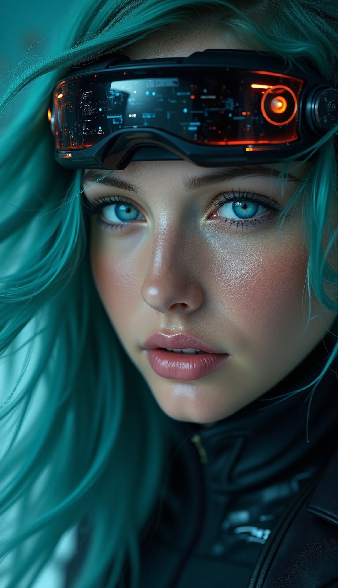 Close-up,  realistic portrait of a young woman with flowing,  vibrant teal hair on Tensor.Art